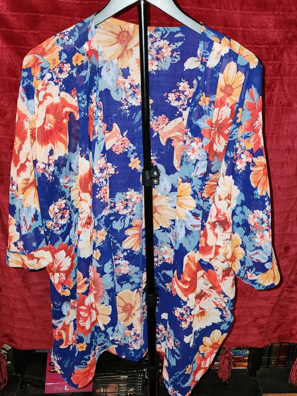 Floral Open-Front Kimono Jacket in Blue and Coral